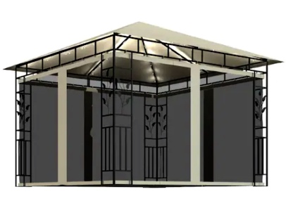 Pavilion de gradina cu lumini LED si plasa anti-tantari, vidaXL, Poliester - Otel, 3 x 3 x 2,73 m, 180 g/m², Crem