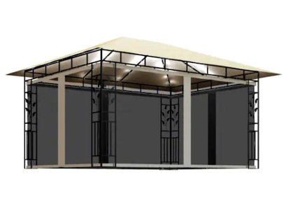 Pavilion de gradina cu lumini LED si plasa anti-tantari, vidaXL, Poliester - Otel, 4 x 3 x 2,73 m, 180 g/m², Crem