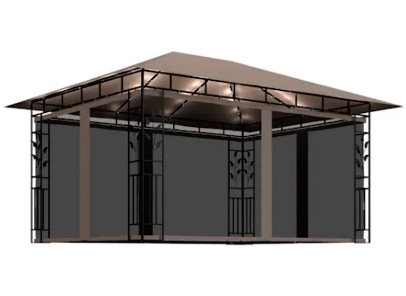 Pavilion de gradina cu lumini LED si plasa anti-tantari, vidaXL, Poliester - Otel, 4 x 3 x 2,73 m, 180 g/m², Gri taupe
