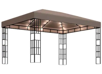Pavilion de gradina cu siruri de lumini LED, vidaXL, Poliester - Otel, 3 x 4 x 2,6 m, Gri taupe