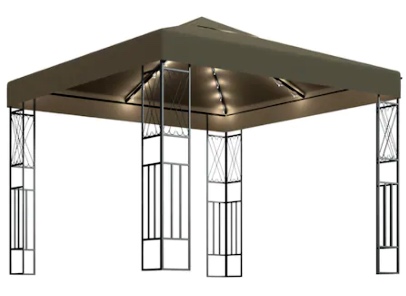 Pavilion de gradina cu siruri de lumini LED, vidaXL, Textil - Otel, 3 x 3 x 2,6 m, Gri taupe